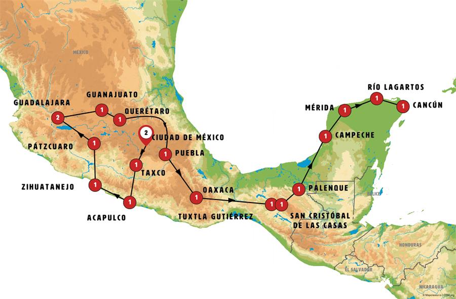 Mapa de la ruta México del Pacífico al Caribe