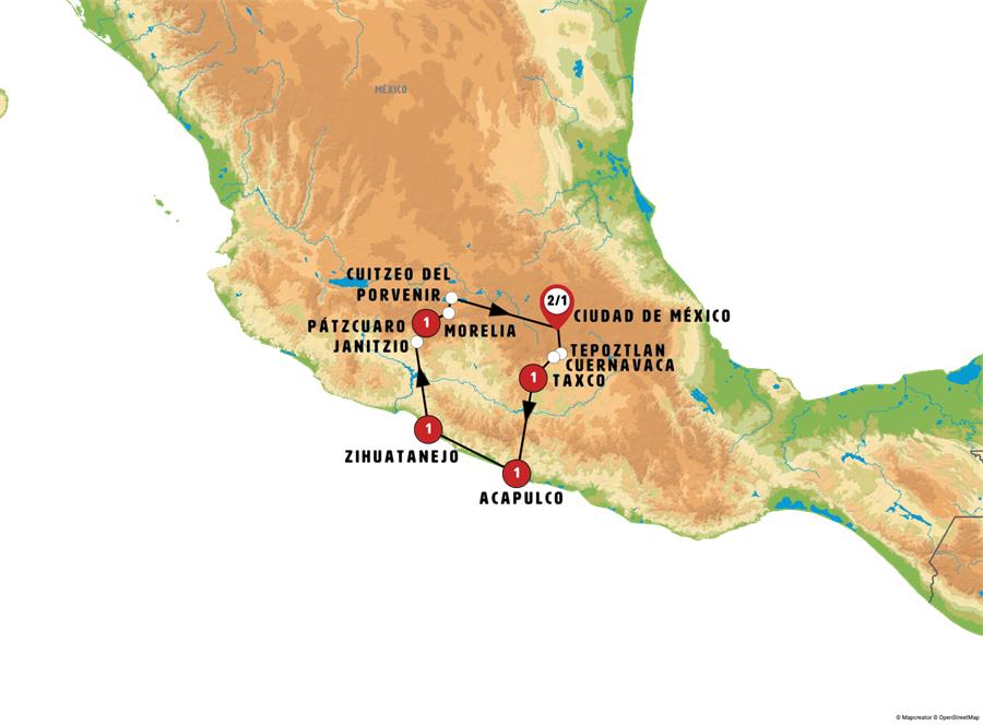 Mapa de la ruta México Playas y Pueblos Mágicos