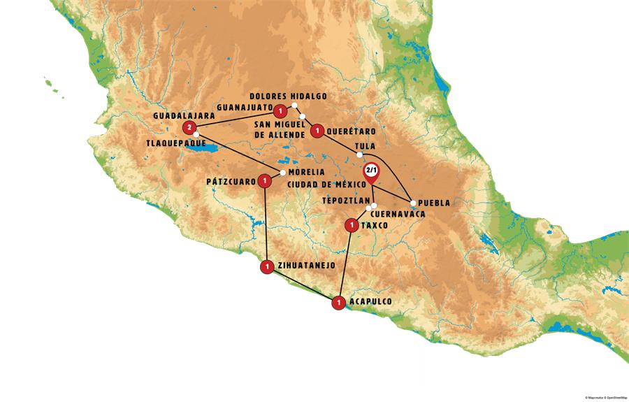 Mapa de la ruta México Aventura Costera y Cultural