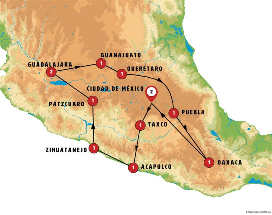 Mapa de la ruta México + Puebla y Oaxaca
