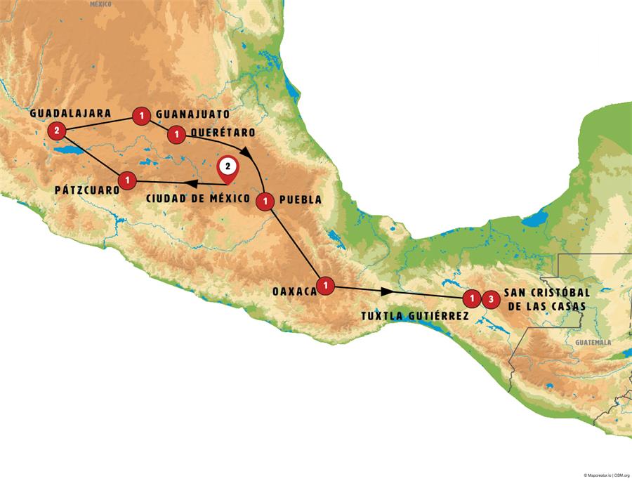 Mapa de la ruta México Ruta del Sol y Tradición