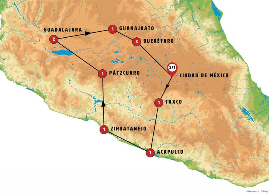 Mapa de la ruta México Aventura Costera y Cultural 14 días