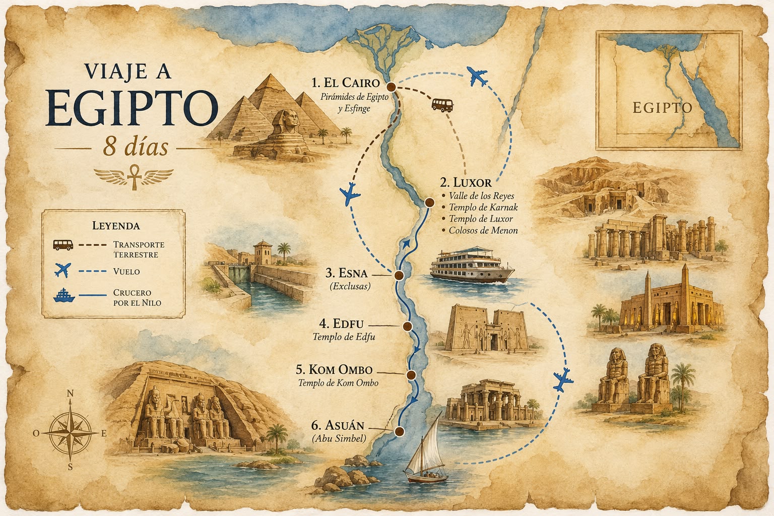 Mapa de la ruta Egipto con Crucero por el Nilo