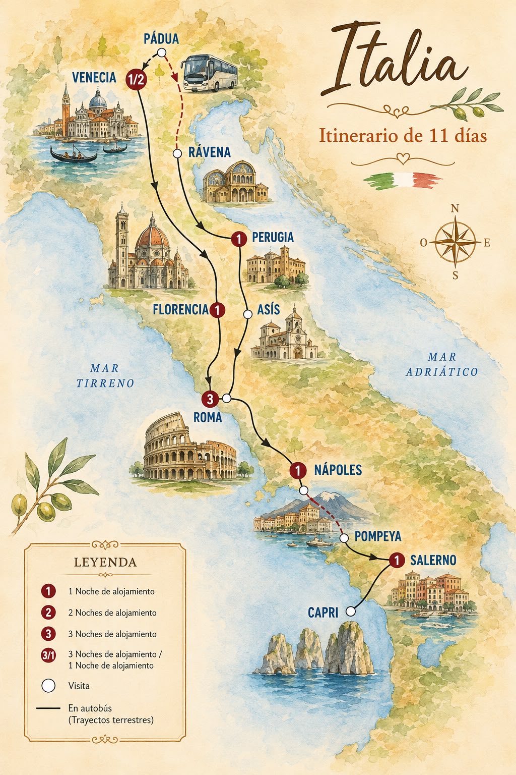 Mapa de la ruta Italia y sus Contrastes