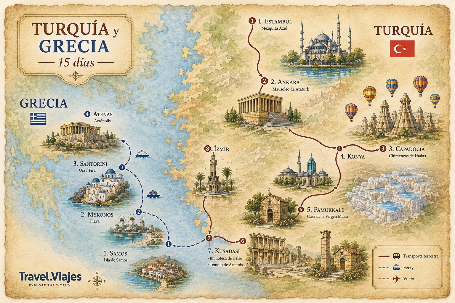 Mapa de la ruta Turquía al Completo con Islas Griegas y Atenas